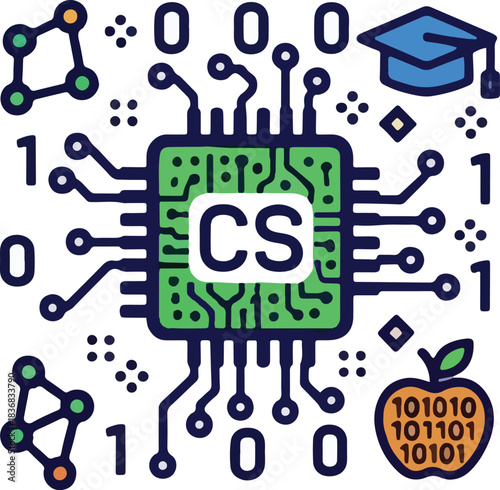 Computer science t shirt design featuring a circuit board with cs logo and educational icons, Generative Ai