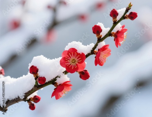 Red Blossoms Amidst Snowy Landscape in Winter Season