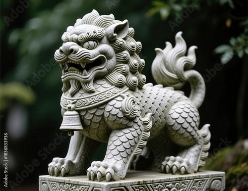 Stone Guardian Lion Sculpture in Serene Garden Setting