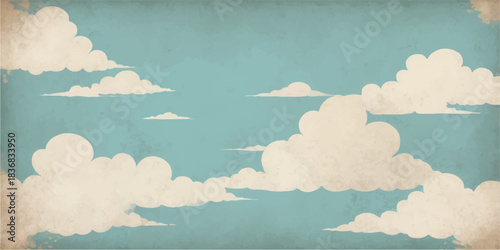 A bright blue sky with fluffy white cumulus clouds forms an abstract cloudscape background with a vintage grunge atmosphereA bright blue sky with fluffy white cumulus clouds forms an abstract cloudsca