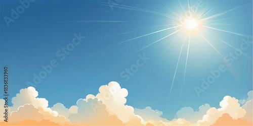 Beautiful blue sky with bright sunlight shining through white clouds, a perfect summer day in nature