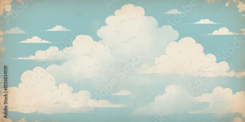 Fluffy white clouds drift across the beautiful blue summer sky with bright sunlight