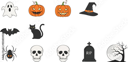 A collection of various Halloween-themed icons including ghosts, pumpkins, witch hats, bats, black cats, spiders, skulls, gravestones, and a spooky tree with a moon.