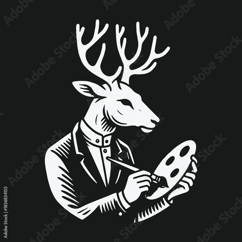 Elegant anthropomorphic deer artist painting with a palette.