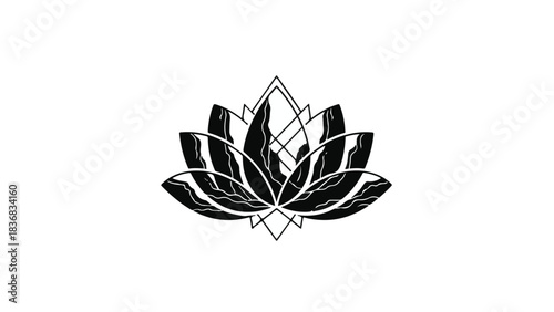 Elegant black and white geometric lotus flower design on a clean background