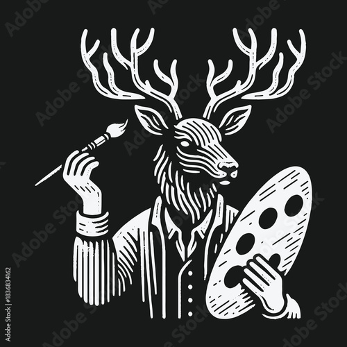 Creative anthropomorphic deer artist holding a paintbrush and palette.