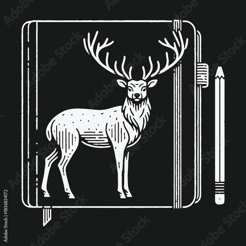 Linocut style deer drawing on a black sketchbook cover.