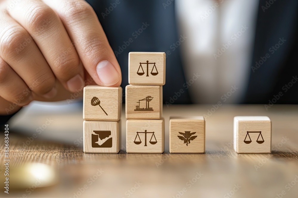 Naklejka premium Hand placing wooden blocks with legal and business icons on a table