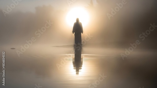 A lone figure stands in misty water, silhouetted against a bright, glowing sun, with a clear reflection on the surface.