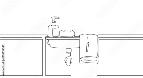 Line drawing of a bathroom sink with a soap dispenser, bar soap, folded towel, and faucet, isolated on a transparent background