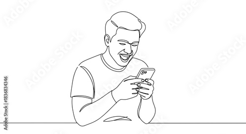 Line drawing of a young man smiling while using a smartphone, sitting at a table on a transparent background