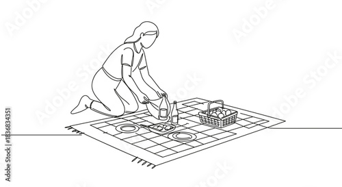 Line drawing of a woman kneeling on a patterned mat assembling colorful building blocks indoors with a basket nearby on a transparent background