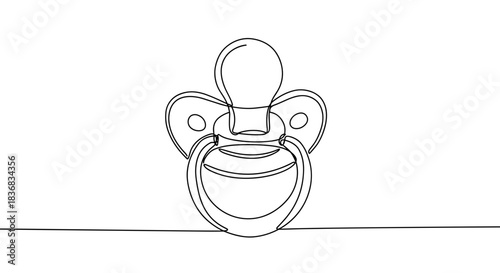 Line drawing of a baby pacifier, depicting a round, soft design with a shield and nipple, isolated on a transparent background