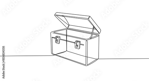 Line drawing of an open wooden treasure chest with a lid raised, displaying its interior on a transparent background, showcasing minimalistic design and simple lines.