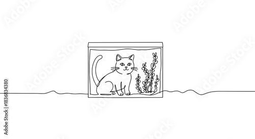 Line drawing of a playful kitten and a curious puppy sitting together in a cozy indoor setting on a transparent background
