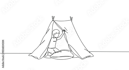 Line drawing of a child setting up a camping tent with enthusiasm indoors, creating a cozy atmosphere on a transparent background