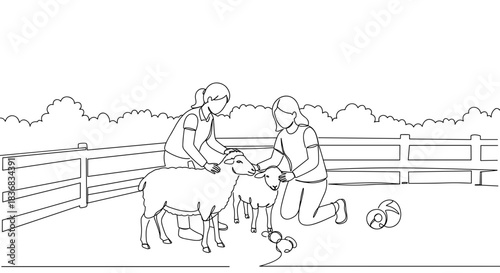 Line drawing of two people caring for a sheep in a fenced pasture, surrounded by greenery, showcasing a serene outdoor farm setting with evening lighting