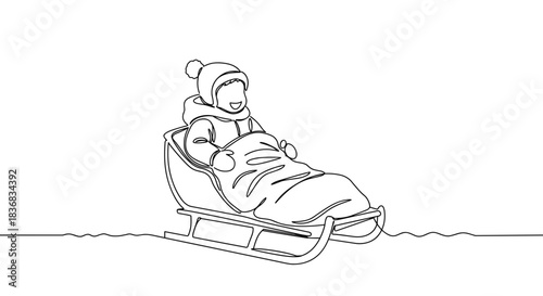Line drawing of a person in a winter coat riding a sled down a snowy hill, captured in a fun and playful style on a transparent background