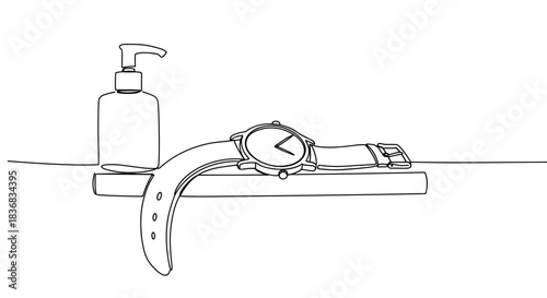 Line drawing of a wrench and cleaning spray bottle on a wooden table isolated on white background, depicting a DIY or home improvement setting in a minimalist style.