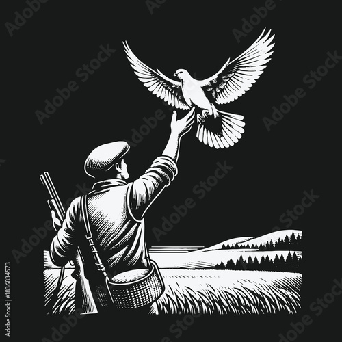 Vintage black and white illustration of a hunter releasing a white dove of peace in a field.