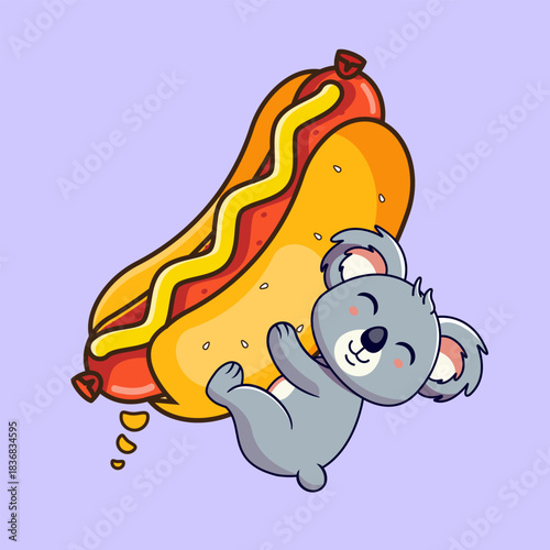 Cute Koala Hugging Delicious Hot Dog Vector Illustration Cartoon Design Kawaii