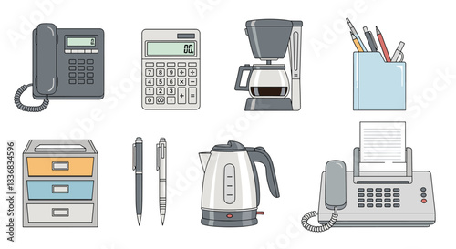 A collection of various retro-style office equipment and supplies, including a telephone, calculator, coffee maker, and fax machine.