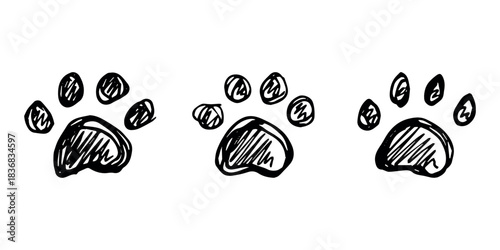 Set of hand drawn cute cat's paw Cat, dog, animal footprint in doodle style Single element for print, web, design, decor, greeting cards, children's prints