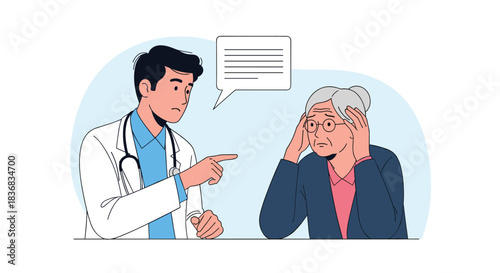 Male doctor sternly pointing and speaking to a distressed elderly female patient who is holding her head, showing a difficult consultation.