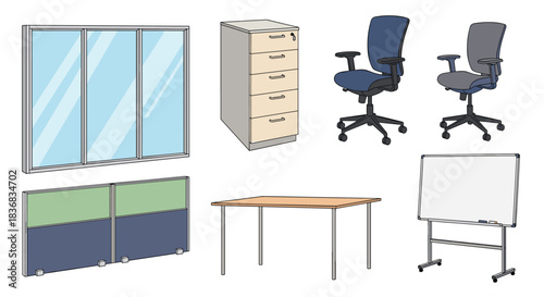 A collection of various modern office furniture and equipment, including chairs, a desk, cabinets, partitions, and a whiteboard on white.