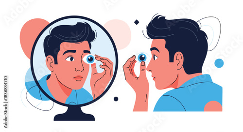 Man looking in a mirror while inserting a contact lens, illustrating eye care, vision correction, and personal hygiene routine.