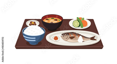 A traditional Japanese breakfast set served on a tray, including grilled fish, a bowl of rice, miso soup, and various side dishes.