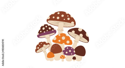 A cluster of cute, stylized mushrooms in warm autumn colors like brown, orange, and purple, with white spots on their caps.