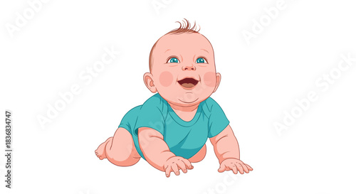 Adorable cartoon baby with bright blue eyes and a happy smile crawling on the floor in a turquoise onesie, isolated on a white background.