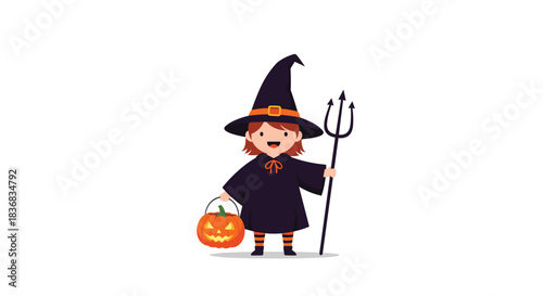Adorable cartoon girl in a Halloween witch costume with a pointed hat and black robe, holding a trident and a jack-o'-lantern candy basket.