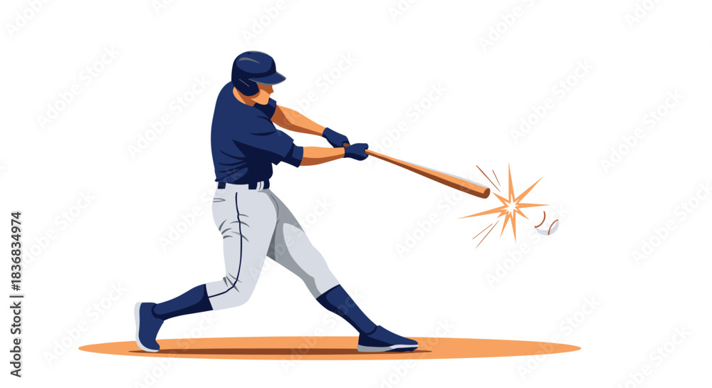 Obraz premium Action-packed illustration of a baseball batter in a blue uniform swinging a wooden bat and making powerful contact with the ball.