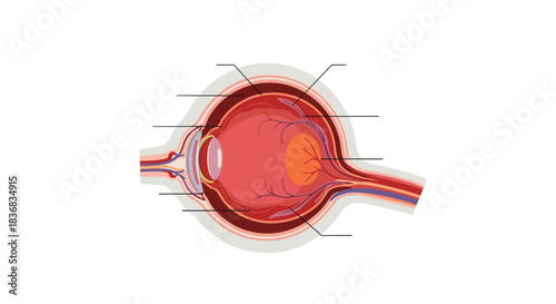 Detailed cross-section diagram of the human eye with blank labels for educational or medical presentations, illustrating its complex anatomy.