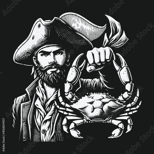 Black and white vector illustration of a bearded pirate holding a crab.