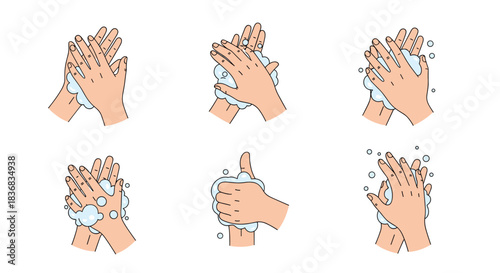 Step-by-step instructional illustration showing the six stages of proper hand washing with soap and water for hygiene and disease prevention.