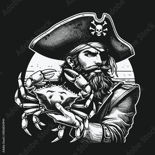 Vintage Pirate Captain with Eyepatch Holding a Large Crab Illustration.