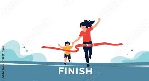 Inspiring illustration of a mother and her child joyfully running together and crossing the red finish line tape in a race or marathon.