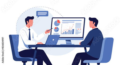Two businessmen in a meeting, one pointing at a computer screen to explain data analytics, charts, and financial graphs to his colleague.