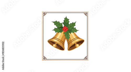 Two classic golden Christmas jingle bells adorned with green holly and red berries, centered in an elegant, thin decorative square frame.