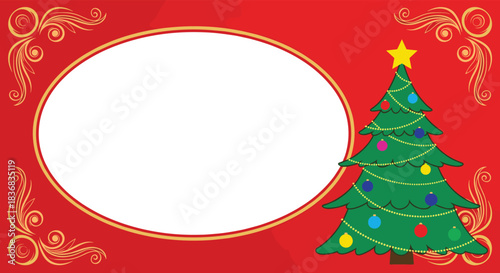 Red Christmas card template featuring a beautifully decorated Christmas tree and a large blank oval frame with elegant gold corner flourishes.
