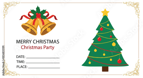 Cheerful Christmas party invitation template featuring golden bells and a decorated Christmas tree, with elegant gold borders and party details.