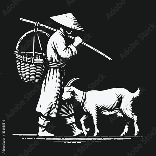 Vintage woodcut style illustration of an Asian farmer walking with a goat.