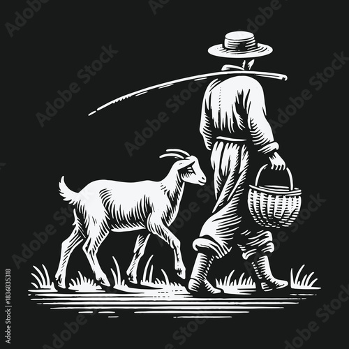 Vintage woodcut style illustration of a farmer walking with a young goat.