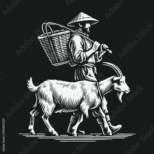 Asian farmer in conical hat with basket walking alongside a goat.