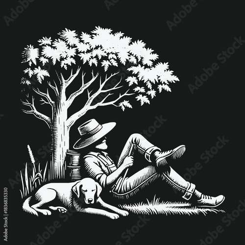Serene countryside scene with a man and his dog resting under a tree.