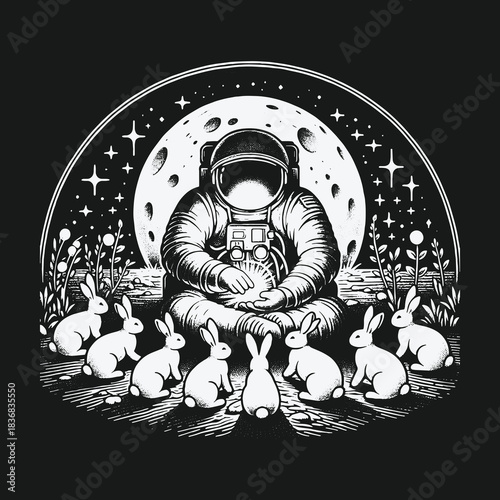 Cosmic Zen Astronaut Meditating with Rabbits on the Moon.