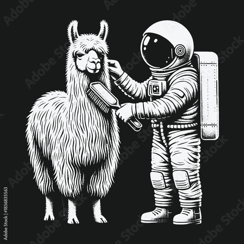 Surreal black and white art of an astronaut grooming a fluffy llama.